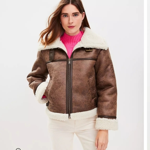 Loft Crackle Faux Suede Sherpa Aviator Jacket